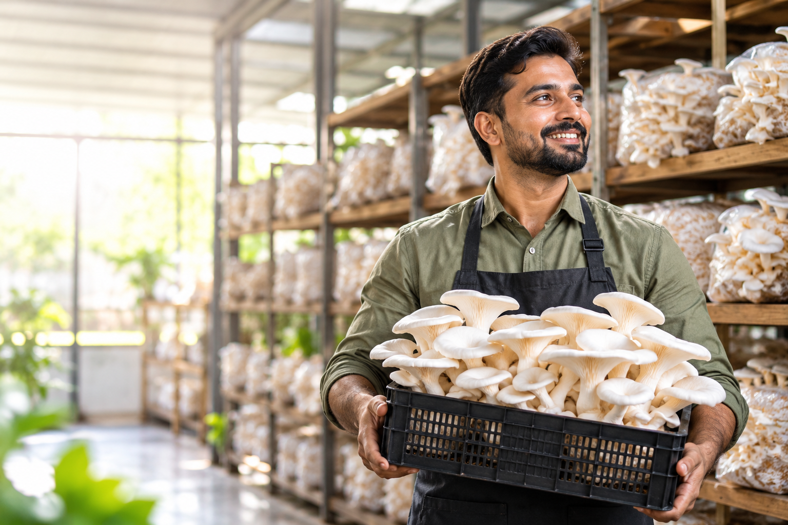 Mushroom farmer holding a crate of fresh mushrooms